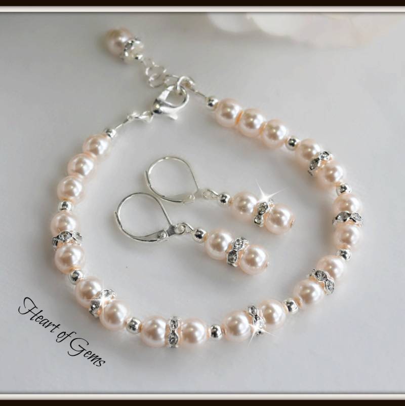 Rosa Perlen Armband Und Ohrringe Set/Hochzeit/Brautjungfer/ Rosa Perlen Armband Und Ohrringe Set/Hochzeit/Brautjungfer/ von HeartofGems