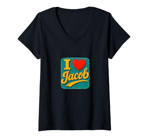 Damen Namensdesign „I Love Jacob Sweet Heart“ T-Shirt mit V-Ausschnitt von Hearts for Jacob Studios