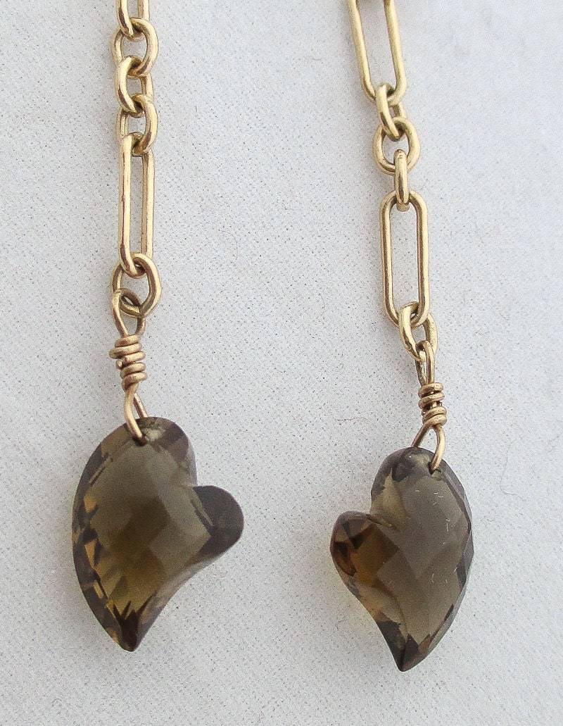 Champagner Oder Whisky Quarz Herzen An Goldkette Ohrringe, Edelstein Und Goldfüllkette Ohrringe von HeartsDesireOutlet