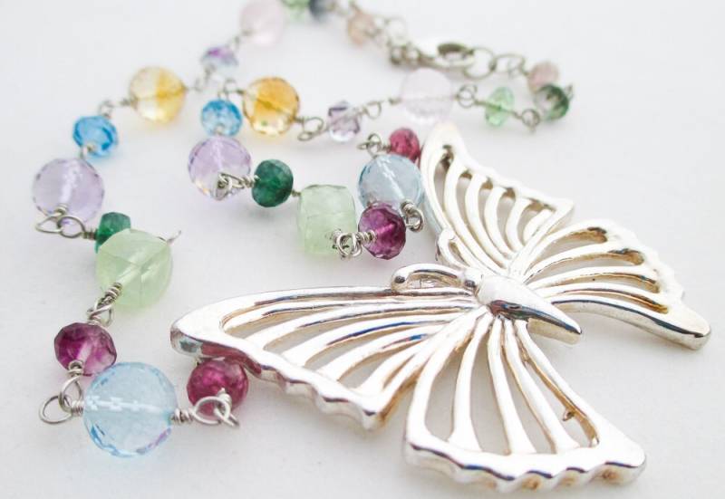sterling Silber Schmetterling & Edelstein Halskette, Blautopas, Rosa Amethyst, Citrin, Turmalin Kunsthandwerk Schmuck, Ooak Halskette von HeartsDesireOutlet