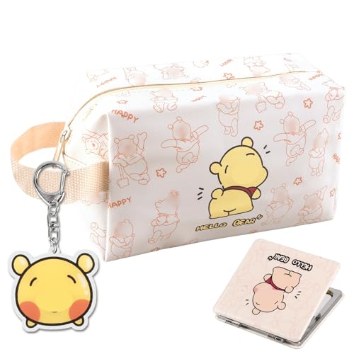 Cartoon Kosmetiktasche für Mädchen, Reise Kosmetiktäschchen Handtasche Kulturtasche, Kosmetiktasche Groß mit Schlüsselanhänger und Spiegel Geschenk für Mädchen(Gelb) von Heartsking