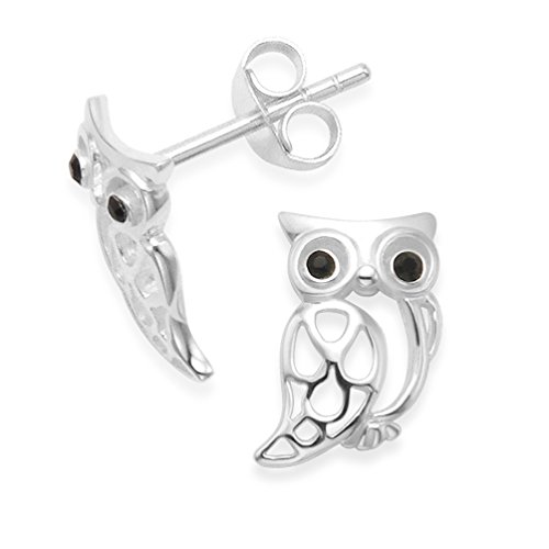 Eulen-Ohrstecker mit schwarzen Zirkonia-Augen, Sterlingsilber, Größe: 10 mm, in Geschenkbox von Heather Needham Silver