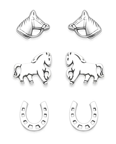Ohrstecker-Set aus 925er Sterlingsilber, Design: Pferde, 3 Paar, Größe: 8 mm Motive: Pferd, Pferdehuf und Pferdekopf, mit Geschenkbox 5024SET von Heather Needham Silver
