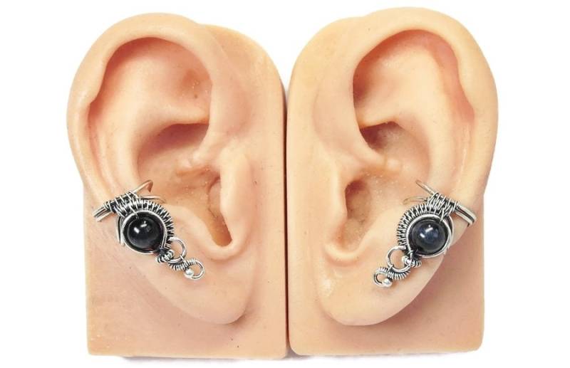 Elegante Blaue Tigerauge Sterling Silber Ohrmanschette - Handgefertigte Wickelohrring Jacke Für Frauen von HeatherJordanJewelry