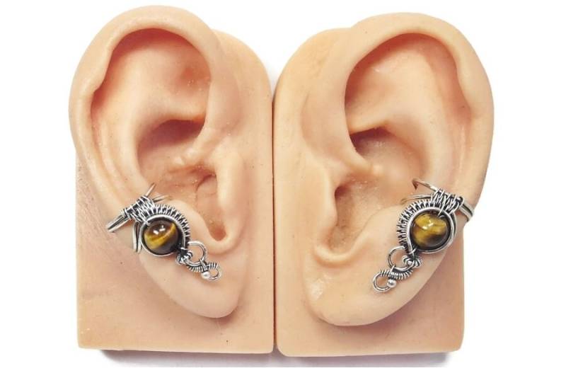 Elegante Sterling Silber Ohrmanschette Mit Goldenem Tigerauge - Handgefertigter Wickelschmuck von HeatherJordanJewelry