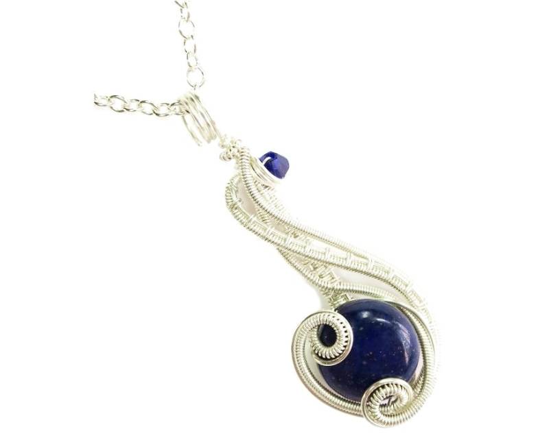 Lapis Lazuli Draht-Gewickelt Anhänger Halskette Mit Swarovski Kristall Und Sterling Silber von HeatherJordanJewelry