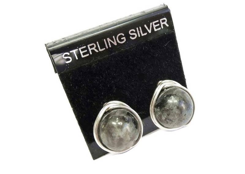 Robuste Larvikit Sterling Silber Herringbone Draht-Gewickelt Ohrstecker - Handgefertigter Edelstein Schmuck von HeatherJordanJewelry