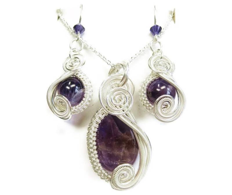 Amethyst Schmuckset Sterling Silber Kette & Ohrringe Mit Swarovski Kristall von HeatherJordanJewelry