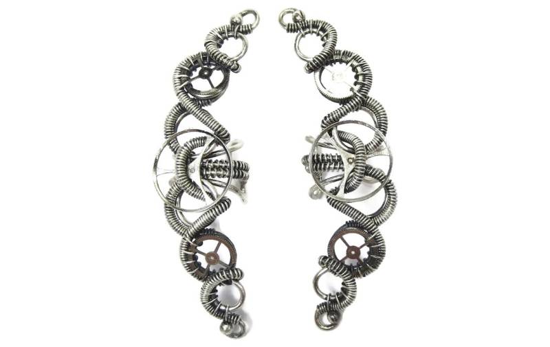 Gothic Steampunk Sterling Silber Ohrmanschette 3-Gang Spirale Helix Design - Industrieller Uhrwerk Schmuck von HeatherJordanJewelry