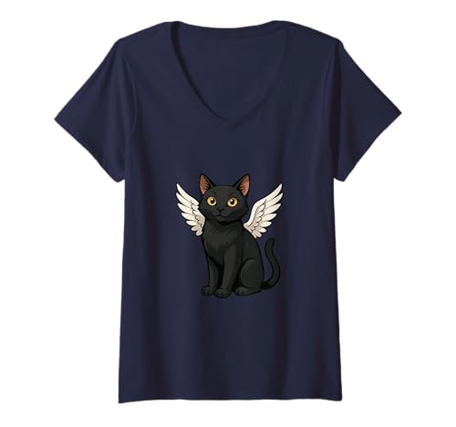 Damen Niedlicher Katzenengel mit Flügeln und gelben Augen T-Shirt mit V-Ausschnitt Damen Niedlicher Katzenengel mit Flügeln und gelben Augen T-Shirt mit V-Ausschnitt von Heavenly Cartoon Cat Angel Design