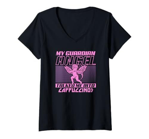 Damen Lustiger Schutzengel Kaffeeliebhaber Cappuccino T-Shirt mit V-Ausschnitt Damen Lustiger Schutzengel Kaffeeliebhaber Cappuccino T-Shirt mit V-Ausschnitt von Heavenly Sips and Eats Apparel and More