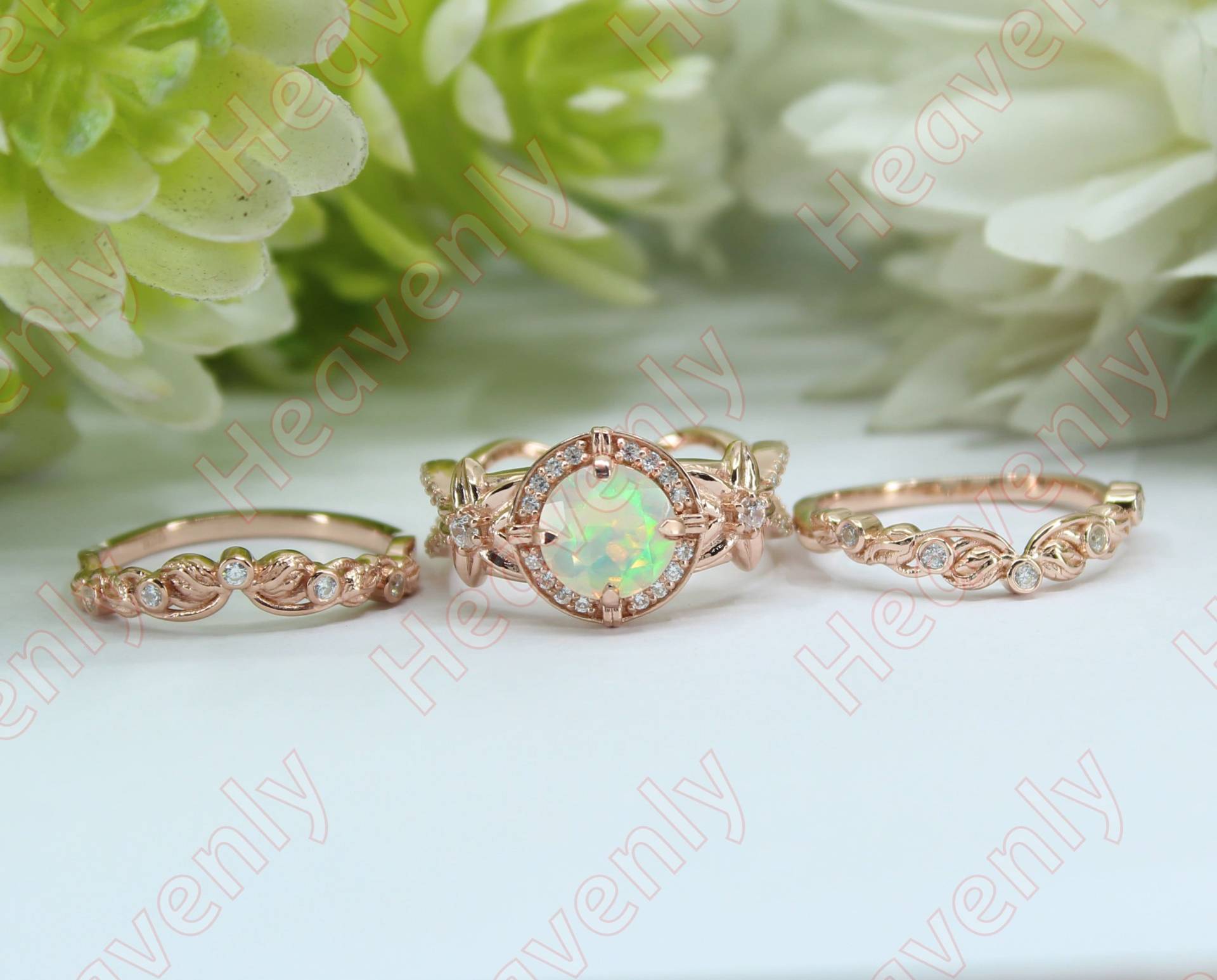 1.25Ct Opal Edelstein 14Kt Roségold Brautring Verlobungsringe Set Eheringe Oktober Geburtsstein Ring Für Sie Opalringe von HeavenlyRelicJewels