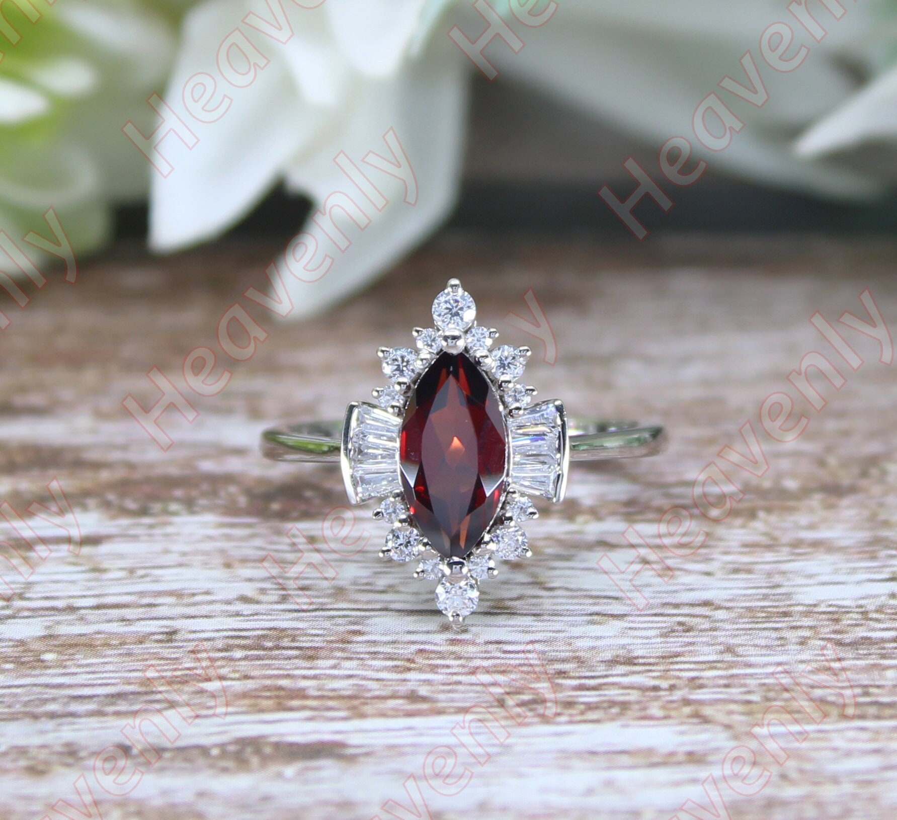 1.25Cts Natürlicher Roter Granat Verlobungsring, Ehering Für Die Braut, Baguette Moissanite Ring, Birthstone Weihnachtsgeschenk, Geschenk Frauen von HeavenlyRelicJewels