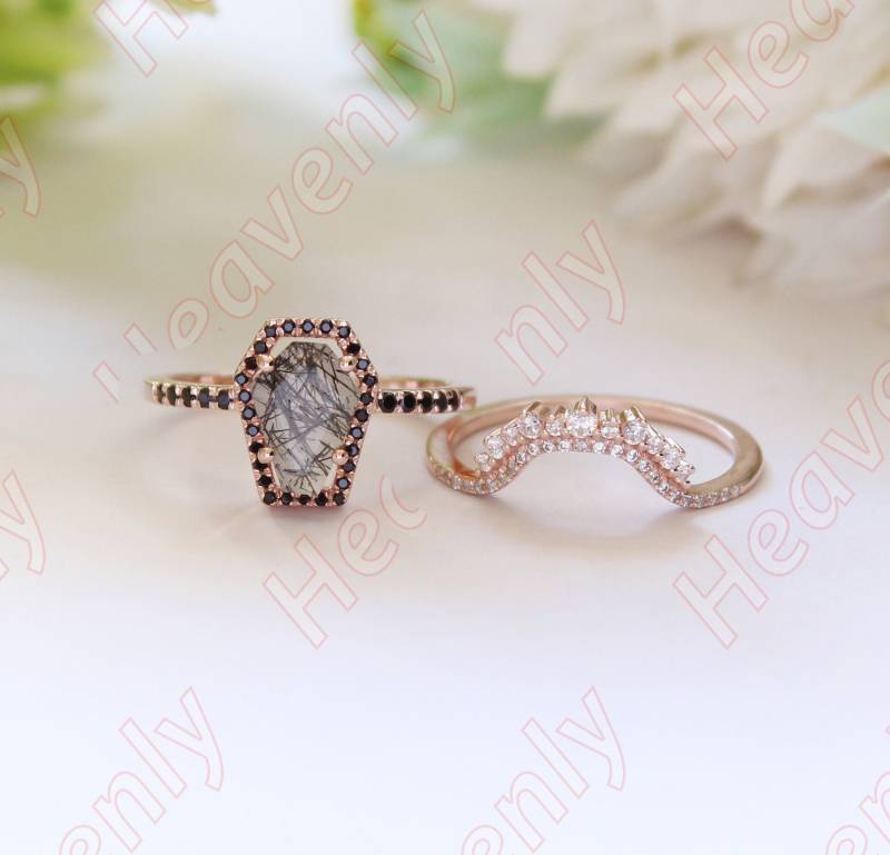 2.50Ct Aaa Schwarz Rutil Edelstein 14Kt Rose Gold Verlobungsringe Set Trauringe Brautringe Juli Geburtsstein Ring Coffin Ringe von HeavenlyRelicJewels