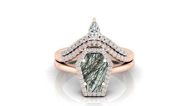 2.50Ct Aaa Schwarz Rutil Edelstein 14Kt Rose Gold Verlobungsringe Set Trauringe Brautringe Geburtsstein Ring Coffin Ringe von HeavenlyRelicJewels