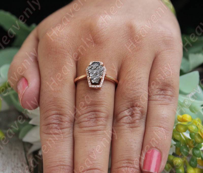 2.50Ct Aaa Schwarzer Rutilquarz Edelstein 14Kt Rosegold Verlobungsring Trauringe Brautringe Set Geburtssteinring Coffin Rings von HeavenlyRelicJewels