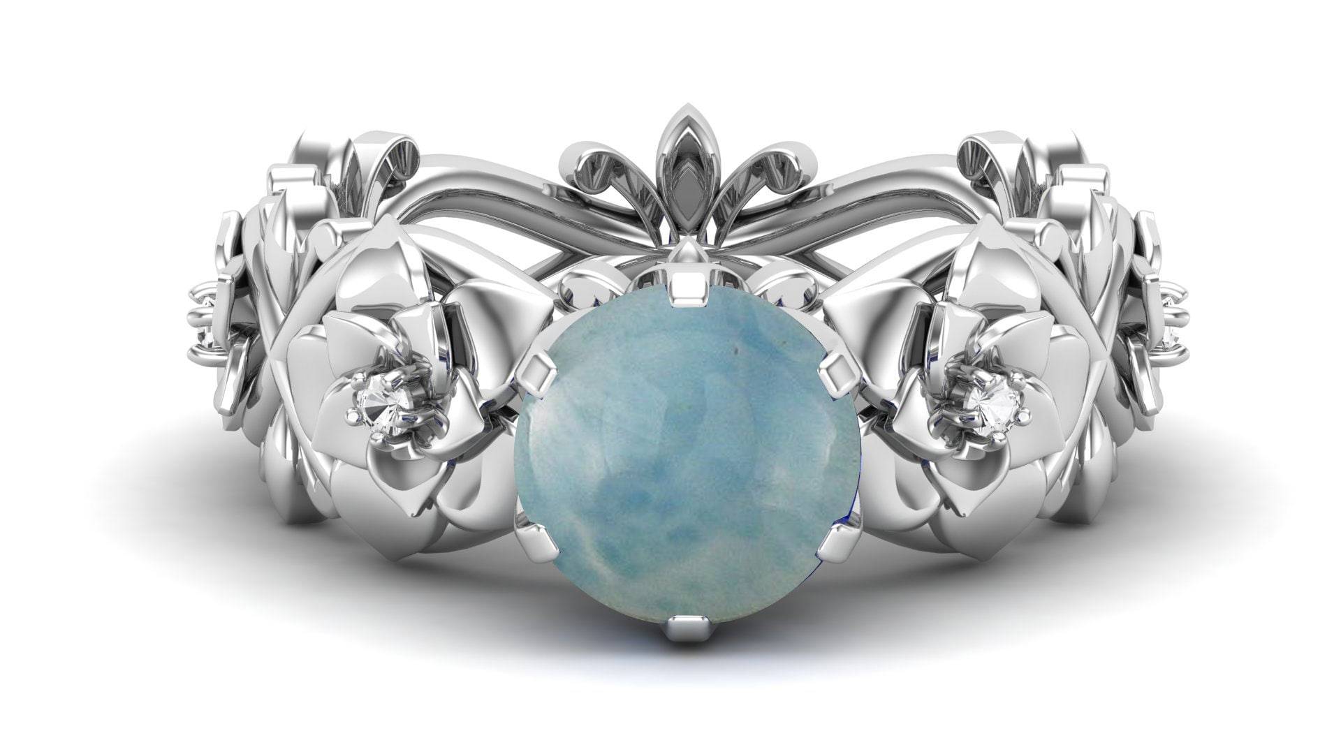 Aaa Larimar Edelstein 925 Sterling Silber Blumenring, Verlobungsring, Ehering, Jubiläumsring, Versprechensring, März-Geburtssteinring von HeavenlyRelicJewels