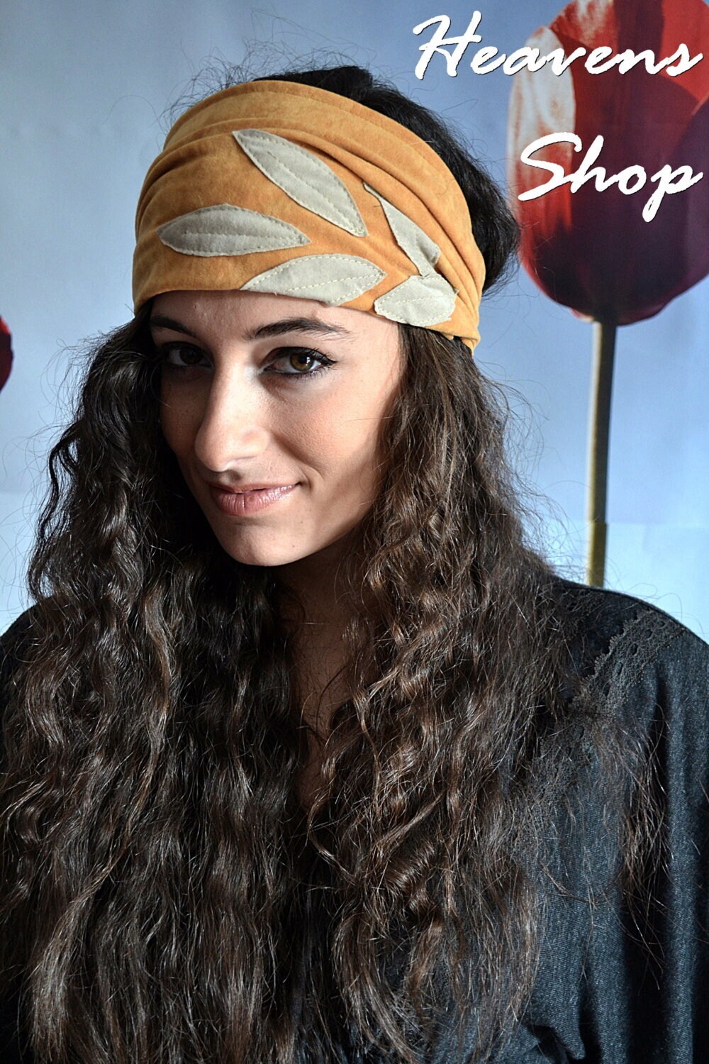 Breites Orangefarbenes Stirnband Boho Blumenmädchen Bandana Für Herbst, Samtige Moderne Stirnbänder, Blattapplikationen Stirnbänder Damen Elegantes von HeavensShop