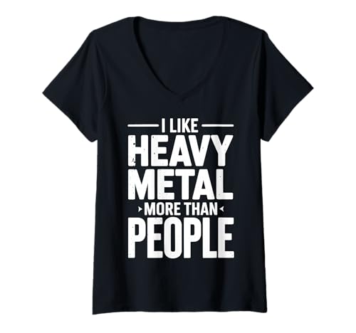 Damen I Like Heavy Metal More Than People T-Shirt mit V-Ausschnitt von Heavy Metal Metalhead Musik Rock Introvertiert