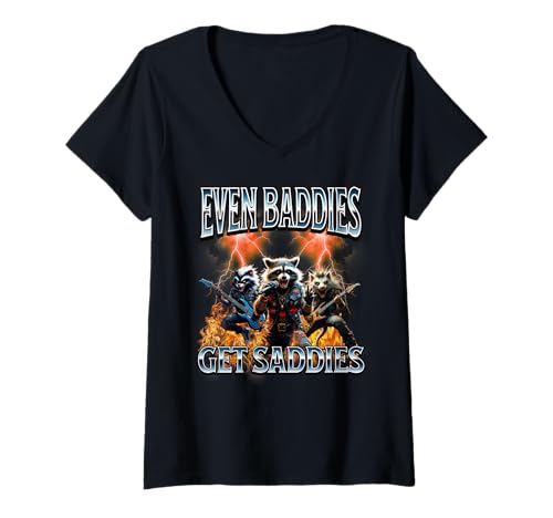 Damen Even Baddies Get Saddies Waschbär Metall Musik Lustiges Meme T-Shirt mit V-Ausschnitt Damen Even Baddies Get Saddies Waschbär Metall Musik Lustiges Meme T-Shirt mit V-Ausschnitt von Heavy Metal Opossum Skunk Raccoon Cringe Humor