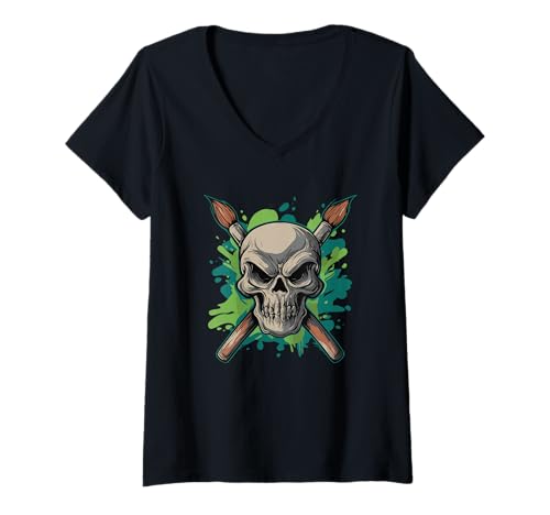 Damen Schädel und gekreuzte Pinsel T-Shirt mit V-Ausschnitt Damen Schädel und gekreuzte Pinsel T-Shirt mit V-Ausschnitt von Heavy Metal Punk Artist undead