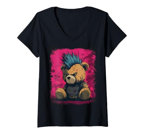 Damen Niedlicher Punk Teddybär T-Shirt mit V-Ausschnitt Damen Niedlicher Punk Teddybär T-Shirt mit V-Ausschnitt von Heavy Metal Punk Horror Pets