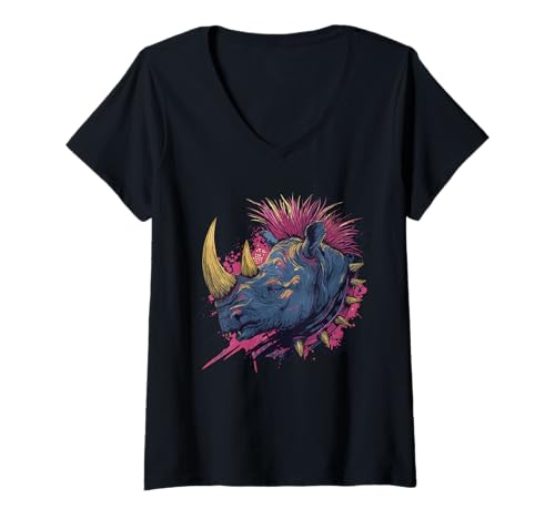 Damen Fantasy Punkrock Nashorn T-Shirt mit V-Ausschnitt Damen Fantasy Punkrock Nashorn T-Shirt mit V-Ausschnitt von Heavy Metal Punk Pets