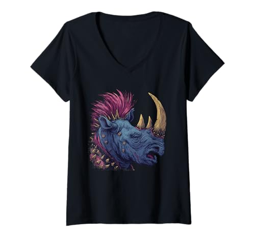 Damen Fantasy Punkrock Nashorn T-Shirt mit V-Ausschnitt Damen Fantasy Punkrock Nashorn T-Shirt mit V-Ausschnitt von Heavy Metal Punk Pets