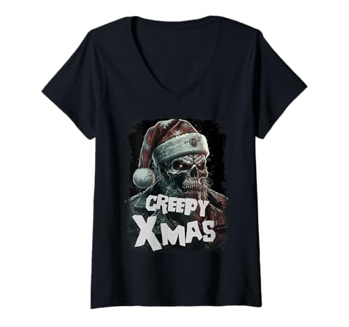 Damen Zombie mit Weihnachtsmütze T-Shirt mit V-Ausschnitt Damen Zombie mit Weihnachtsmütze T-Shirt mit V-Ausschnitt von Heavy Metal Punk Xmas