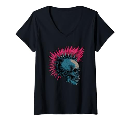 Damen Horror Punk Mohawk Schädel T-Shirt mit V-Ausschnitt Damen Horror Punk Mohawk Schädel T-Shirt mit V-Ausschnitt von Heavy Metal Punk undead