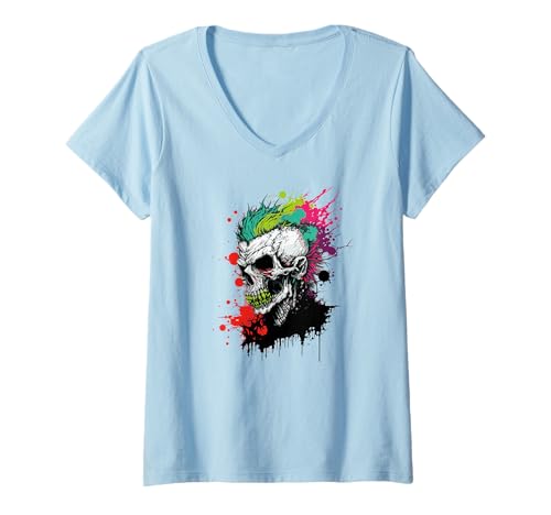 Damen Regenbogen Zombie Punk T-Shirt mit V-Ausschnitt Damen Regenbogen Zombie Punk T-Shirt mit V-Ausschnitt von Heavy Metal Punk undead