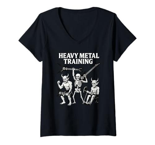 Damen Heavy Metal Bodybuilding Skelett Dämon Halloween Gym Musik T-Shirt mit V-Ausschnitt Damen Heavy Metal Bodybuilding Skelett Dämon Halloween Gym Musik T-Shirt mit V-Ausschnitt von Heavy Metal Training Skeleton Demons Halloween Gym