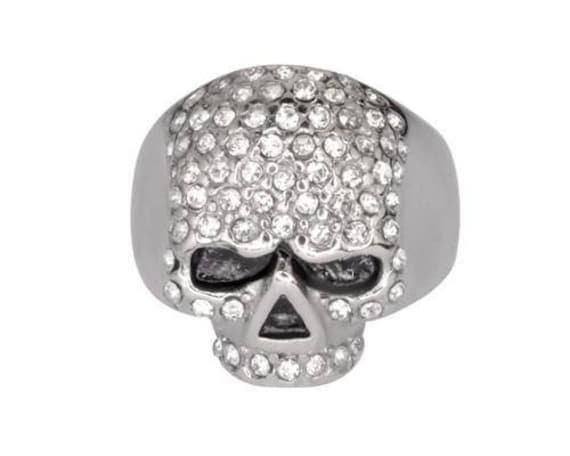 Heavy Metal Schmuck Damen Bling Totenkopf Imitat Diamant Ring Edelstahl Motorrad von HeavyMetalJewelryInc