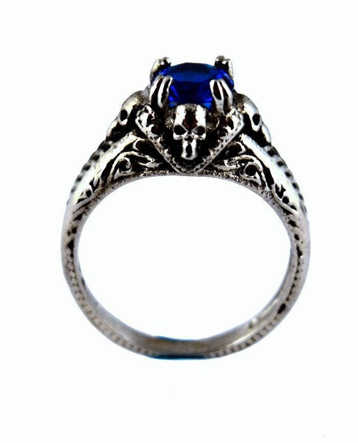 Heavy Metal Schmuck Edelstahl Damen Totenkopf Mit Blauer Stein Imitat Ring Motorrad Biker von HeavyMetalJewelryInc