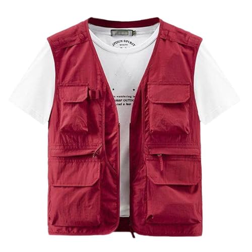 Heavyoff Herren Sommer Outdoor Weste Leicht Atmungsaktiv Anglerweste Ärmellos Jacke Multi Taschen Steppweste Nylon Funktionsweste für Jagd Wandern Rot, 3XL von Heavyoff