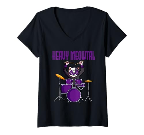 Damen Heavy Meowtal - Rock Music Lover Geschenk T-Shirt mit V-Ausschnitt von Heay Metal, Heavy Meowtal, Rock Music, Cat Music
