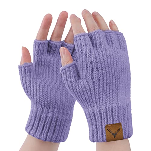 Hebenie Fingerlose Handschuhe Damen - Winter Warme Handschuhe ohne Finger Elch Halbe Handschuhe mit Zopfmuster Handschuhe Fingerlos für Damen Arbeiten Mädchen Laufen Fahren Radfahren von Hebenie