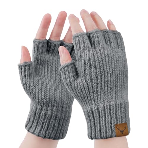 Hebenie Fingerlose Handschuhe Damen - Winter Warme Handschuhe ohne Finger Elch Halbe Handschuhe mit Zopfmuster Handschuhe Fingerlos für Damen Arbeiten Mädchen Laufen Fahren Radfahren von Hebenie