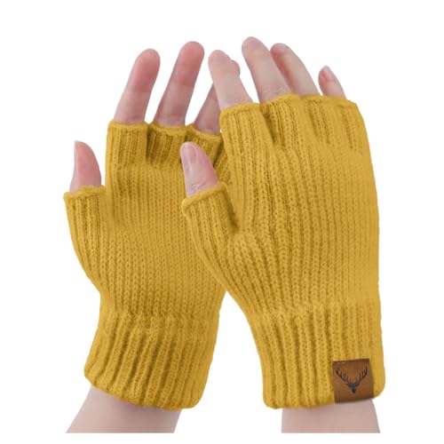 Hebenie Fingerlose Handschuhe Damen - Winter Warme Handschuhe ohne Finger Elch Halbe Handschuhe mit Zopfmuster Handschuhe Fingerlos für Damen Arbeiten Mädchen Laufen Fahren Radfahren von Hebenie