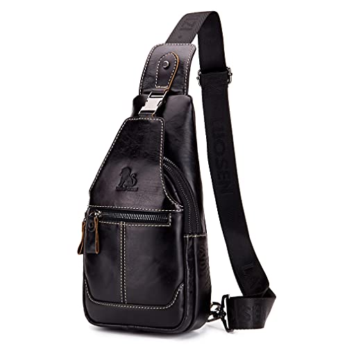 Hebetag Leder Sling Bag Wandern Daypack für Männer Frauen Outdoor Reisen Camping Angeln Crossbody Schulter Brust Rucksack Rucksack (#12Schwarz) von Hebetag