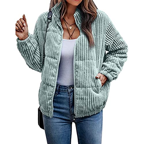 Hebezn Damen Bomberjacke Cord Puffer Jacke Mit Stehkragen, Short Cut, Art Der Daunenjacke, Leichte, Bequeme Puffer Jacke (Color : Green, Size : XXL) von Hebezn