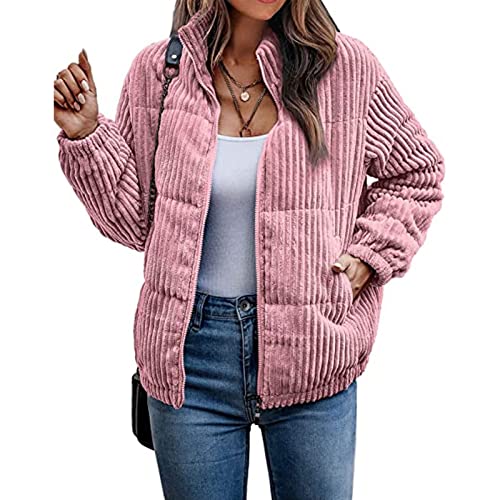 Hebezn Damen Bomberjacke Cord Puffer Jacke Mit Stehkragen, Short Cut, Art Der Daunenjacke, Leichte, Bequeme Puffer Jacke (Color : Pink, Size : XXL) von Hebezn