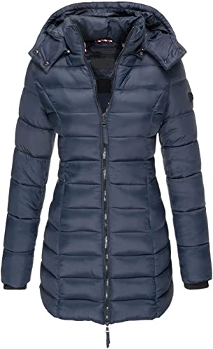 Hebezn Warme Damenjacke Mit Kapuze, Daunenjacke, Wärme, Stilvolle Passform, Mit Abnehmbarer Kapuze Für Outdoor, Walking (Color : Navy blue, Size : L) von Hebezn