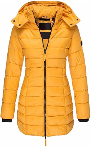 Hebezn Warme Damenjacke Mit Kapuze, Daunenjacke, Wärme, Stilvolle Passform, Mit Abnehmbarer Kapuze Für Outdoor, Walking (Color : Yellow, Size : L) von Hebezn