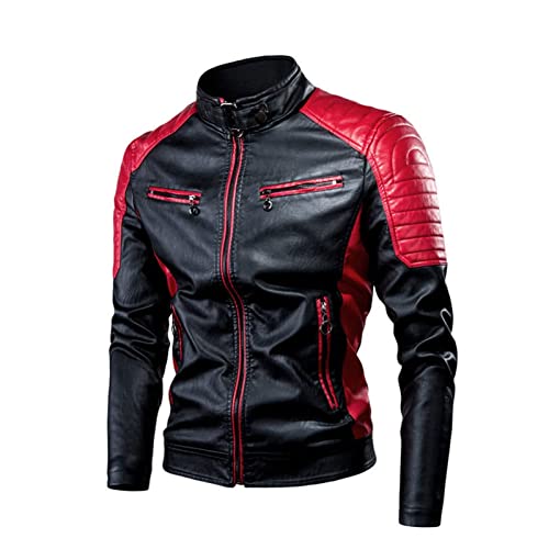 Motorrad Schutzjacke Motocross Für Damen Und Herren, Lederjacke Herren Vintage Thermo Lederjacke Mit Stehkragen Viele Taschen Motorradjacke (Color : Red, Size : 3XL) von Hebezn