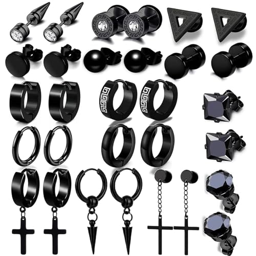 Hebterrka 15 Paar Schwarze Edelstahl Ohrringe für Männer Frauen, Creolen Stud Ohrringe Set Hypoallergenes Kreuz Dangling Scharniere Ohrringe Set Geschenke von Hebterrka
