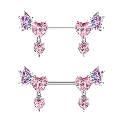Hebterrka 2 Stück Rosa Herz Brustwarzenringe für Frauen 14G 16mm Chirurgenstahl CZ Strass Schmetterling Hängende Brustwarzen Schild Studs Körperschmuck Geschenke von Hebterrka