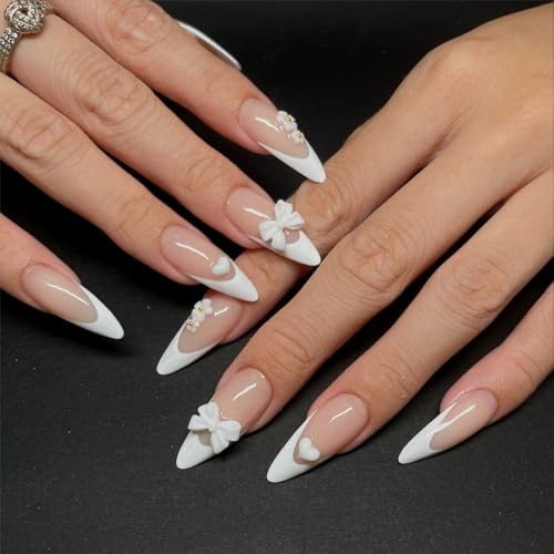 Hebterrka 24 Stück 5d BlumennäGel, FranzöSische Spitze,AufdrüCkbare Mittlere MandelföRmige KüNstliche NäGel mit Charms, Schleifen & Herzdesigns füR MäDchen von Hebterrka