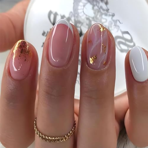 Hebterrka 24 Stück French Tip Press On Nails, kurze runde Spitzen, Almond Form, mit Gold Foil Design, Künstliche Nägel für Damen & Mädchen, Tip Press On Nails von Hebterrka