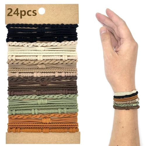 Hebterrka 24 Teiliges Boho Armband Haargummi Set,Boho Haarbänder Zopf Haarbänder,Pferdeschwanz Halter mit 6 Farben und 4 Stilvollen Designs für Damen von Hebterrka
